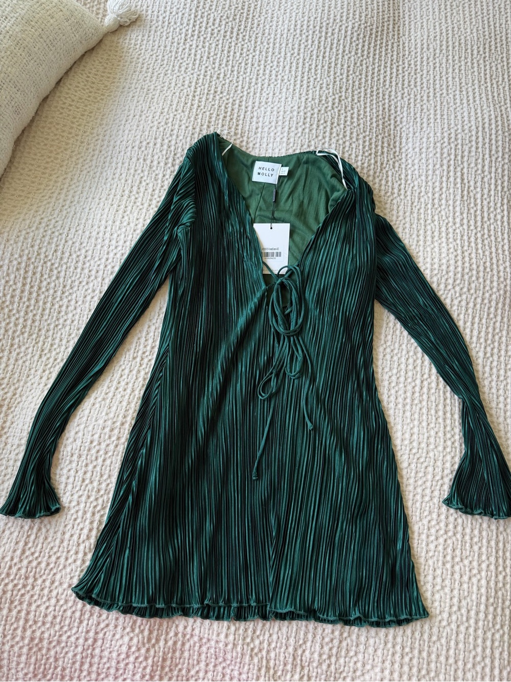 Hello Molly Emerald Green Pleated Tie-Front Long Sleeve Dress